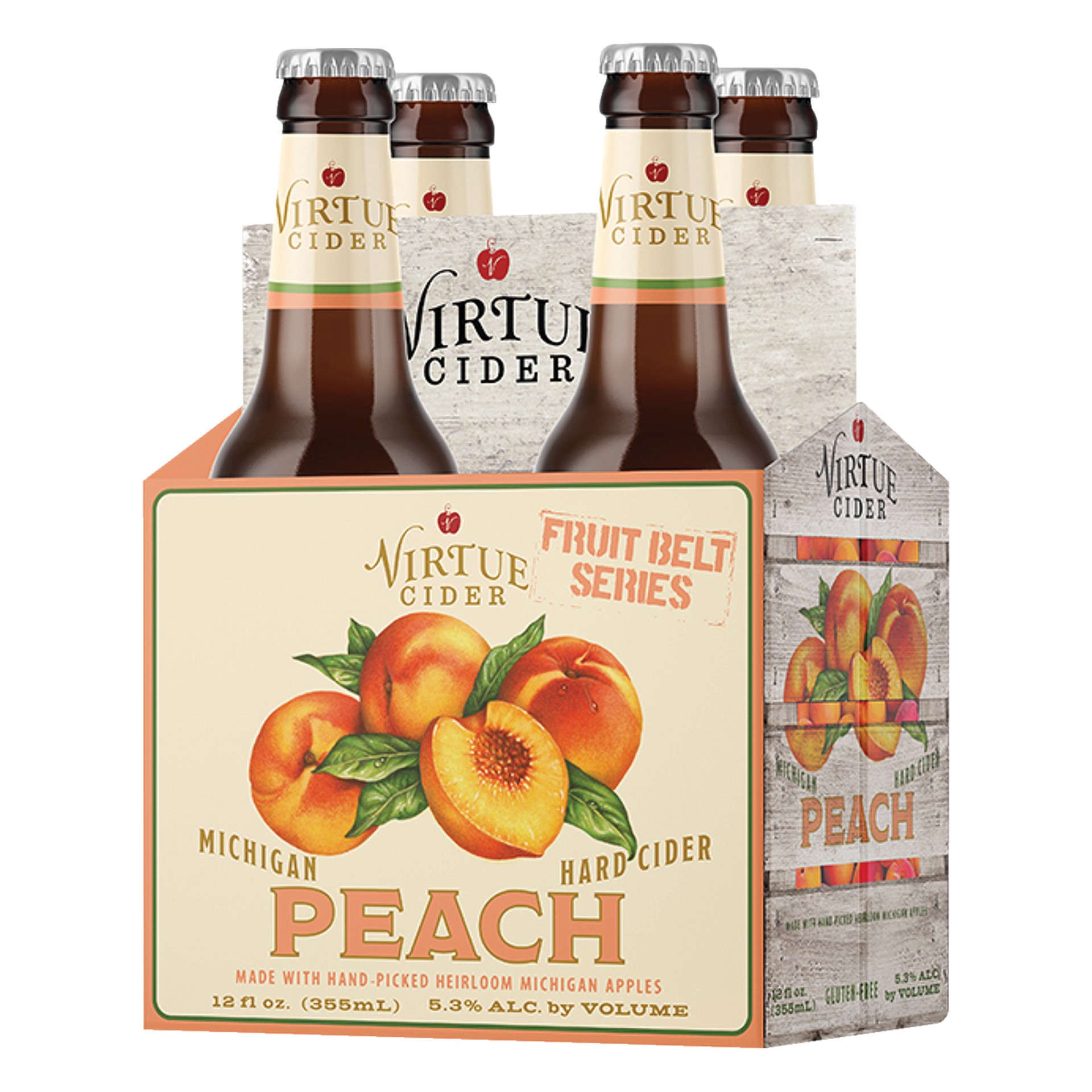 slide 2 of 2, Virtue Cider Peach Fruit Belt, 4 pack, 12 fl.oz., 1 ct