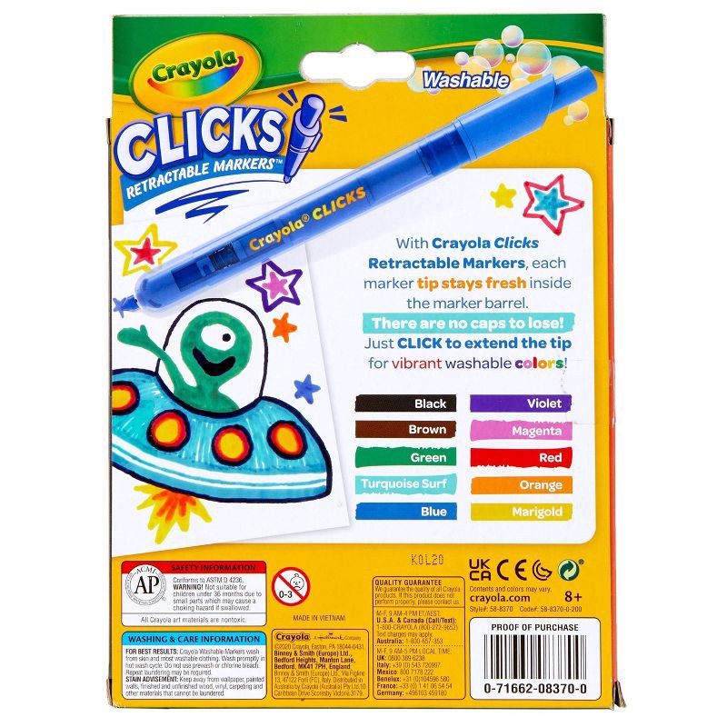 slide 8 of 8, Crayola Clicks Retractable Tip Markers, 10ct, Stocking Stuffers for Kids and Teens, No Dry Washable Marker Set, Coloring Supplies, Holiday Gift 3+, 10 ct