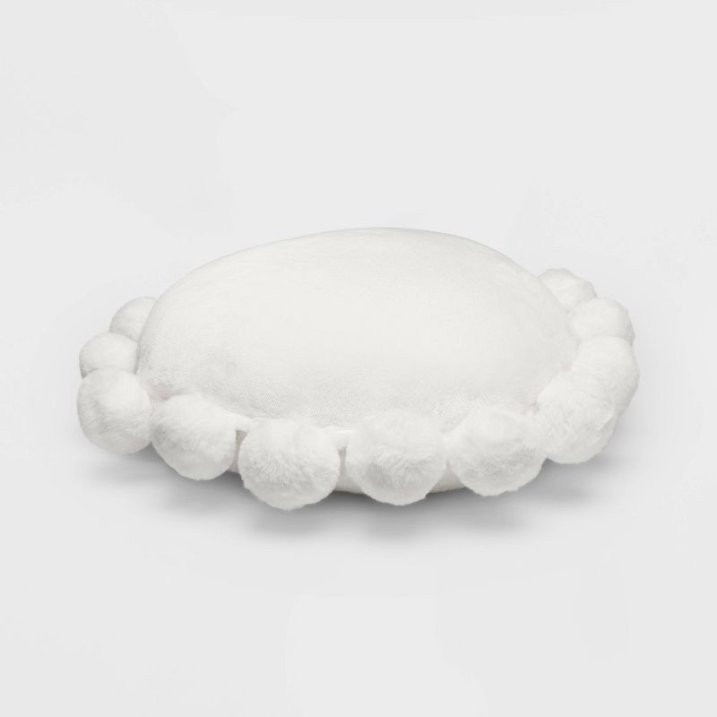 slide 2 of 4, Round Plush Kids' Pillow with Pom-Poms Cream - Pillowfort™, 1 ct
