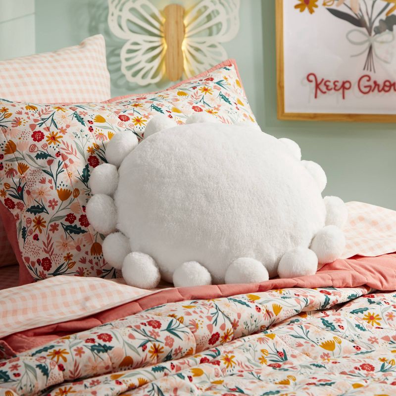 slide 4 of 4, Round Plush Kids' Pillow with Pom-Poms Cream - Pillowfort™, 1 ct