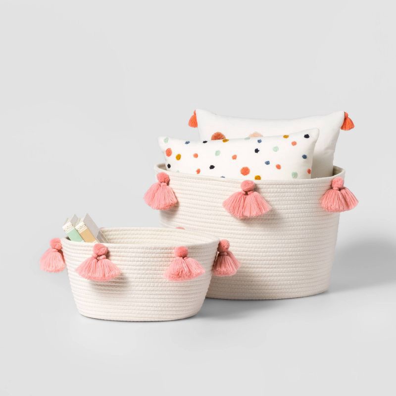 slide 4 of 4, Small Coiled Rope Kids' Basket with Tassels Natural/Rose Pink - Pillowfort™, 1 ct