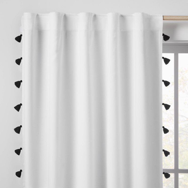 slide 2 of 5, 84" Blackout Tassel Kids' Curtain Panel White/Black - Pillowfort™: Noise Reduction, UV Protection, Energy Efficient, 1 ct