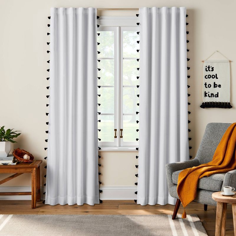 slide 1 of 5, 84" Blackout Tassel Kids' Curtain Panel White/Black - Pillowfort™: Noise Reduction, UV Protection, Energy Efficient, 1 ct