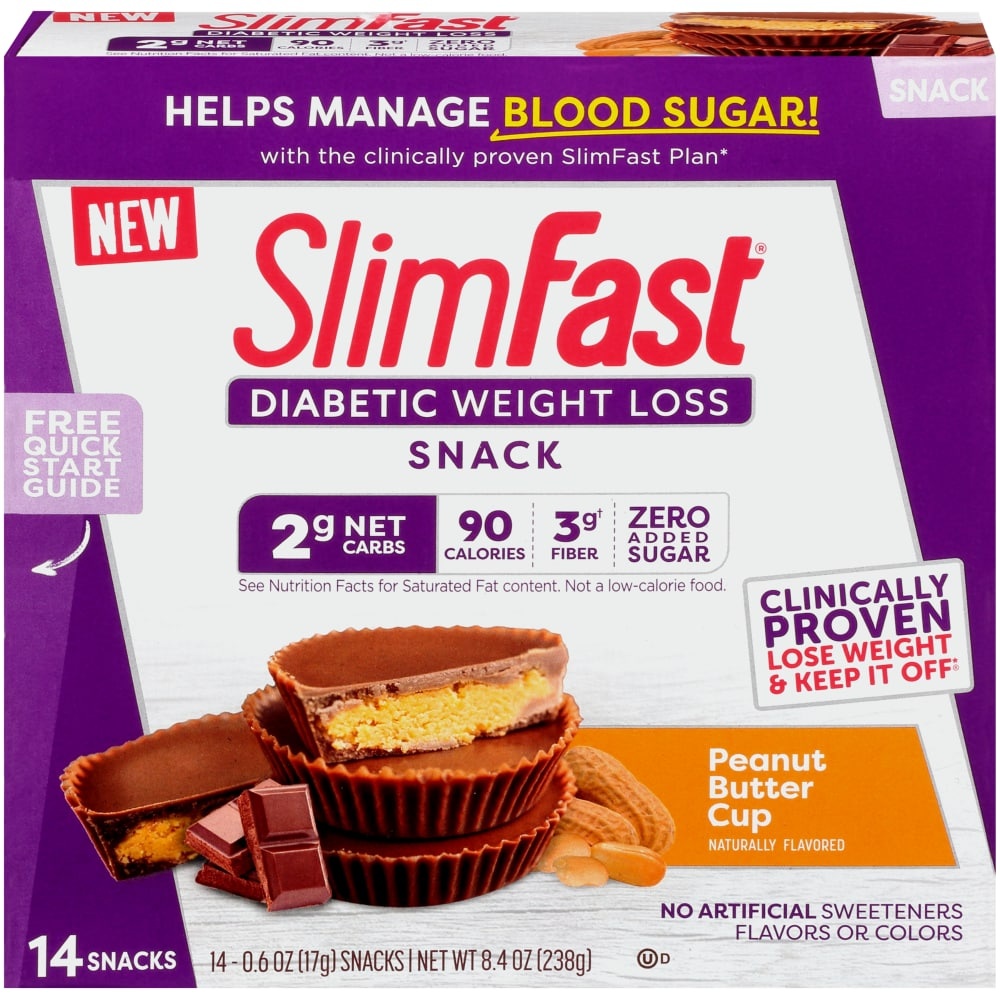 slide 1 of 1, SlimFast Diabetic Peanut Butter Cup Snacks, 14 ct