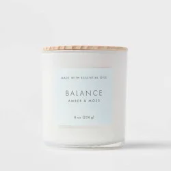 8oz Wood Lidded Glass Wellness Balance Candle - Threshold™: Palm & Paraffin Wax, Moss & Amber Scent, 43hr Burn Time