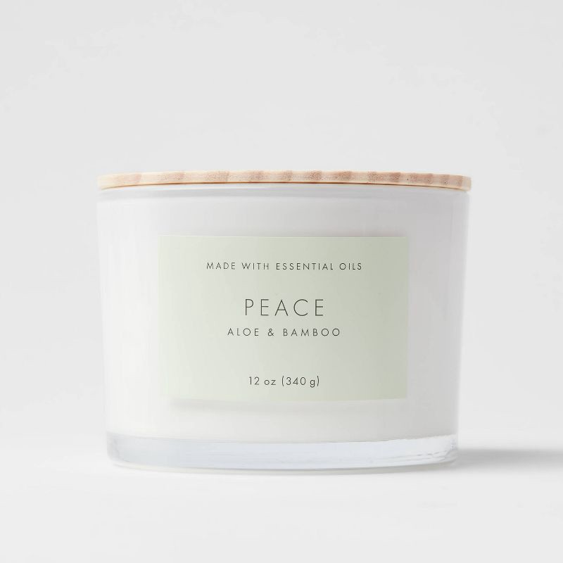 slide 1 of 3, 3-Wick 12oz Wood Lidded Glass Wellness Peace Candle - Threshold™: Aromatherapy, Meditation, Gift Idea, 12 oz