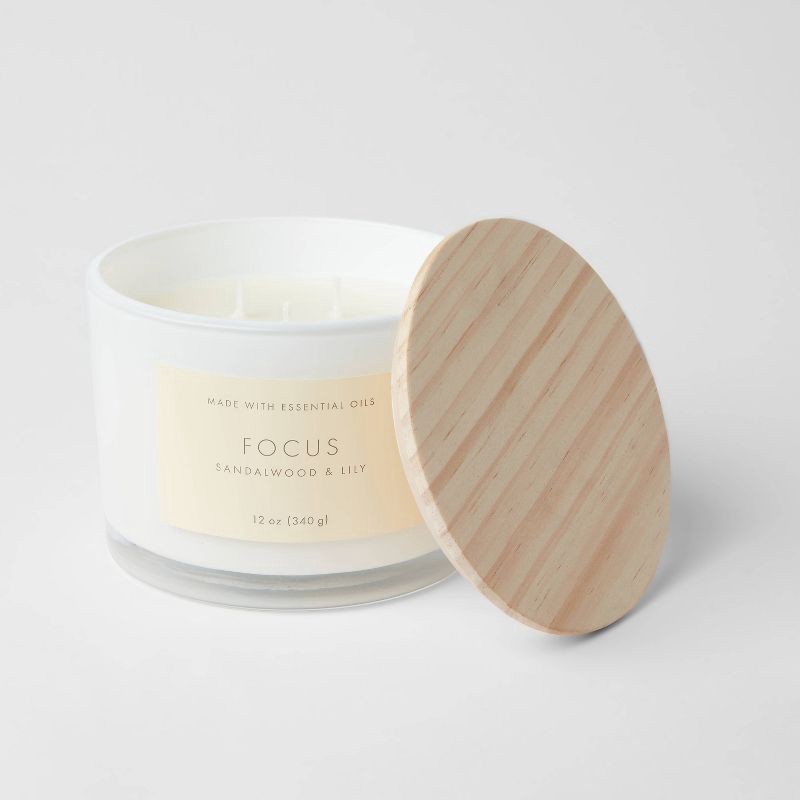 slide 3 of 3, 3-Wick 12oz Wood Lidded Glass Wellness Focus Candle - Threshold™: Aromatherapy, Tranquil Lily Scent, 12 oz