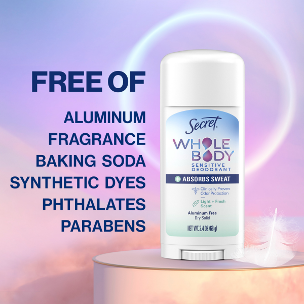 slide 26 of 29, Secret Whole Body Aluminum-Free Dry Feel Stick +Absorbs Sweat, Deodorant Stick for Women, Light & Fresh Scent, 2.4oz, 2.4 oz
