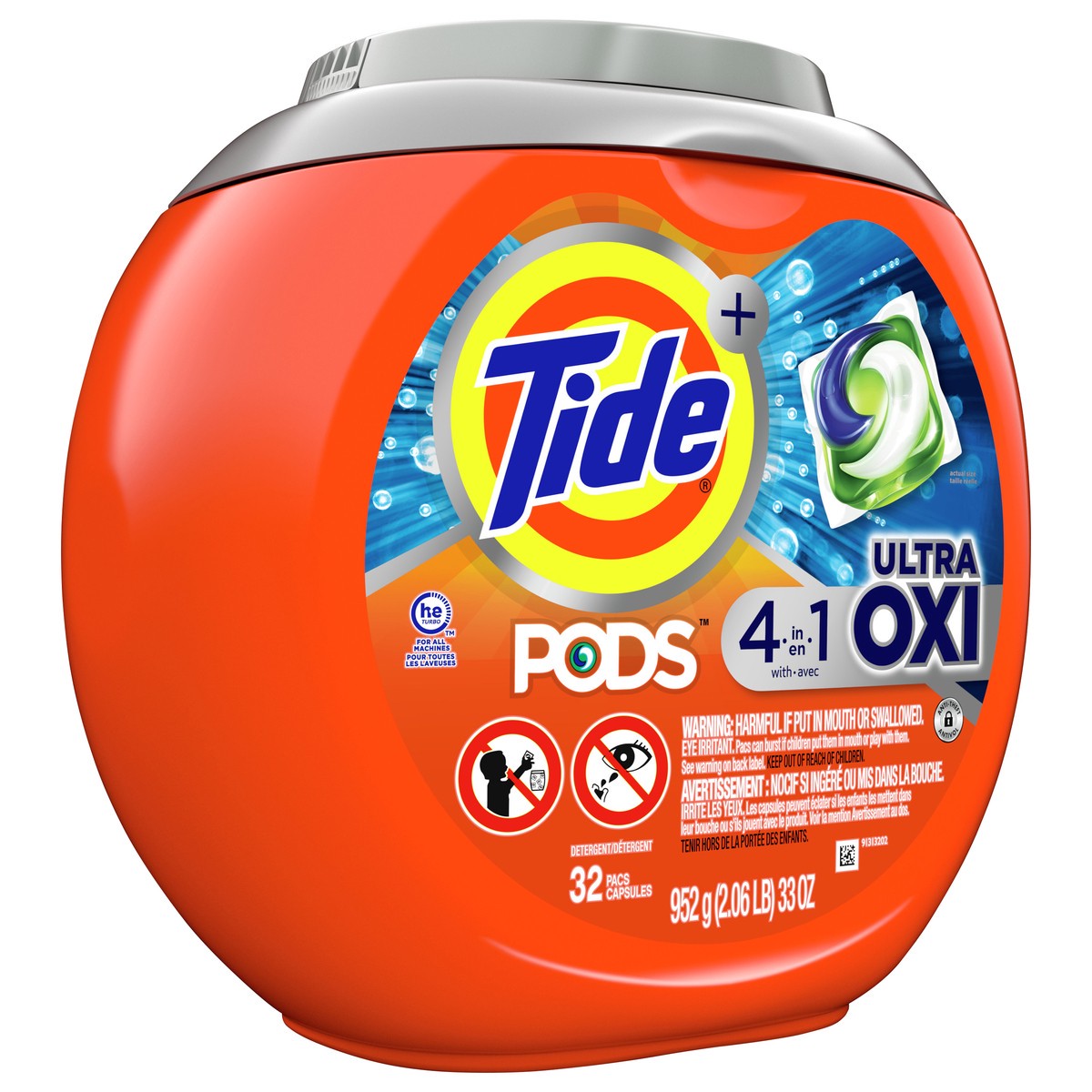 slide 2 of 4, Tide PODS Liquid Laundry Detergent Soap Pacs, 4-n-1 Ultra Oxi, HE Compatible 32 Count, Built in Pre-treater for Stains, 30 oz