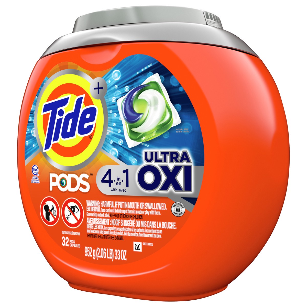 slide 3 of 4, Tide PODS Liquid Laundry Detergent Soap Pacs, 4-n-1 Ultra Oxi, HE Compatible 32 Count, Built in Pre-treater for Stains, 30 oz