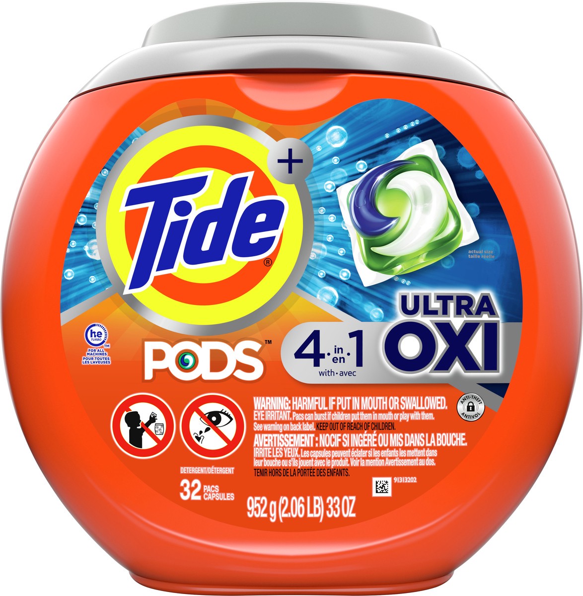 slide 4 of 4, Tide PODS Liquid Laundry Detergent Soap Pacs, 4-n-1 Ultra Oxi, HE Compatible 32 Count, Built in Pre-treater for Stains, 30 oz