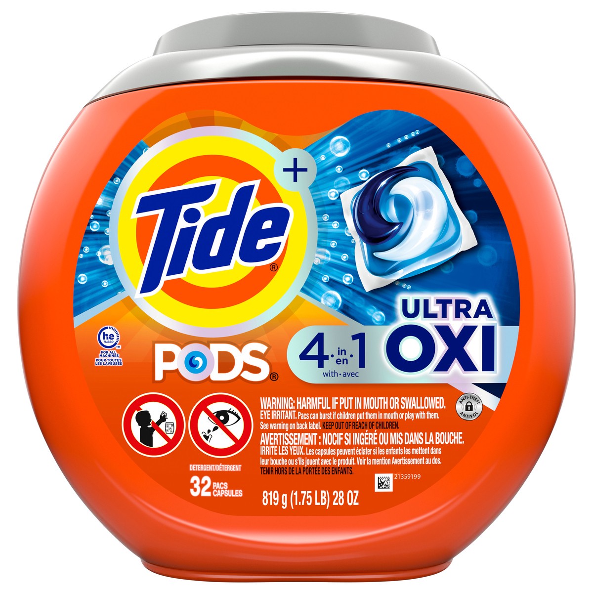 slide 1 of 4, Tide PODS Liquid Laundry Detergent Soap Pacs, 4-n-1 Ultra Oxi, HE Compatible 32 Count, Built in Pre-treater for Stains, 32 ct