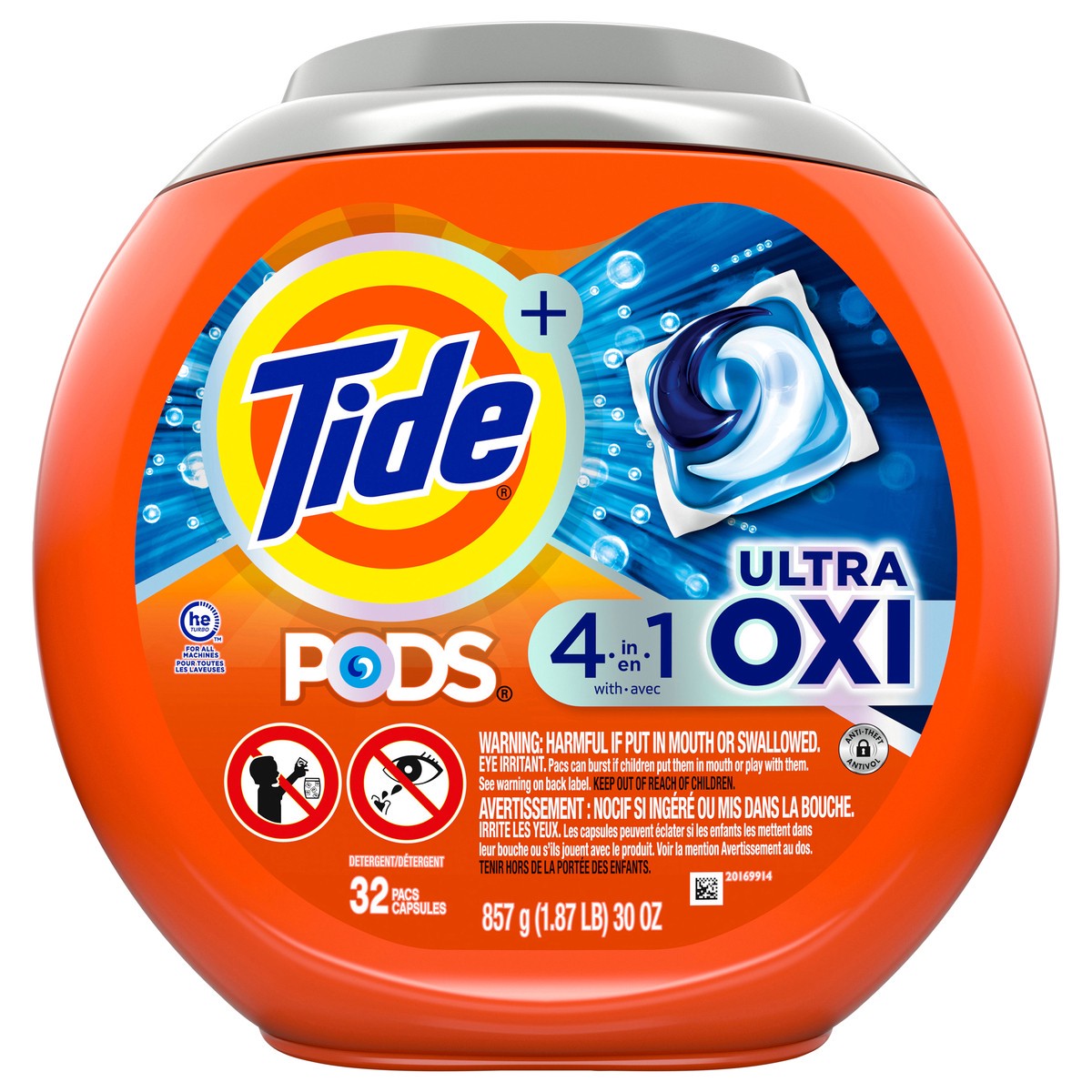 slide 1 of 4, Tide PODS Liquid Laundry Detergent Soap Pacs, 4-n-1 Ultra Oxi, HE Compatible 32 Count, Built in Pre-treater for Stains, 30 oz