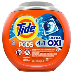Tide 4-n-1 Ultra Oxi PODS Laundry Detergent Pacs, 32 Count, HE Compatible, Built in Pre-treater for Stains