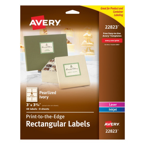 slide 1 of 8, Avery Print-To-The-Edge Permanent Rectangular Labels, 22823, Pearlized Ivory, 48 ct; 3 in x 3 3/4 in