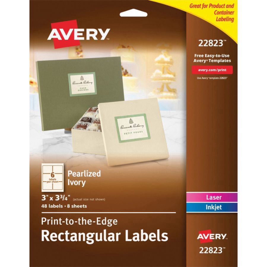 slide 2 of 8, Avery Print-To-The-Edge Permanent Rectangular Labels, 22823, Pearlized Ivory, 48 ct; 3 in x 3 3/4 in