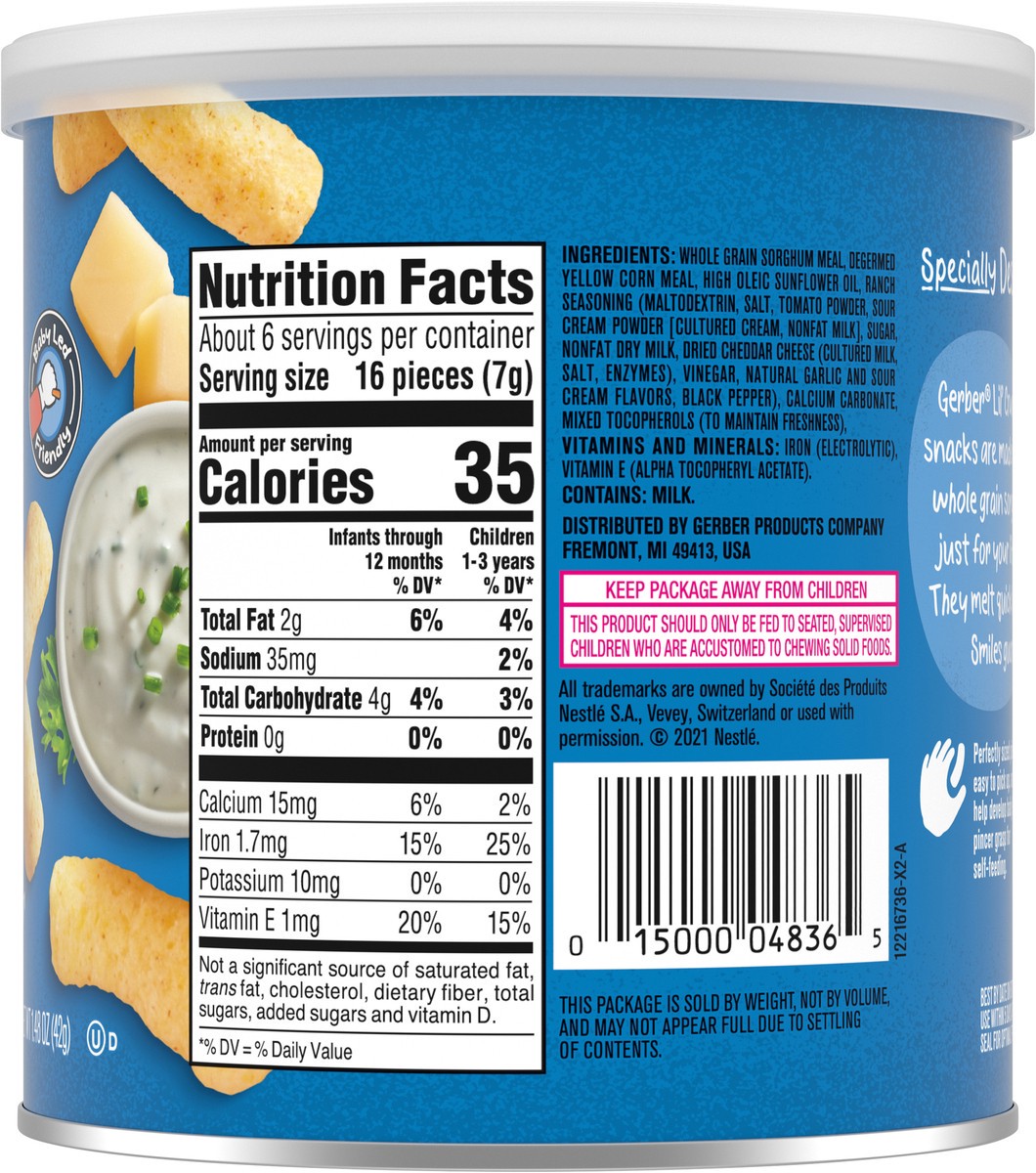 slide 7 of 9, Gerber Snacks for Baby Lil Crunchies Ranch Puffs, 1.48 oz Canister, 1.48 oz