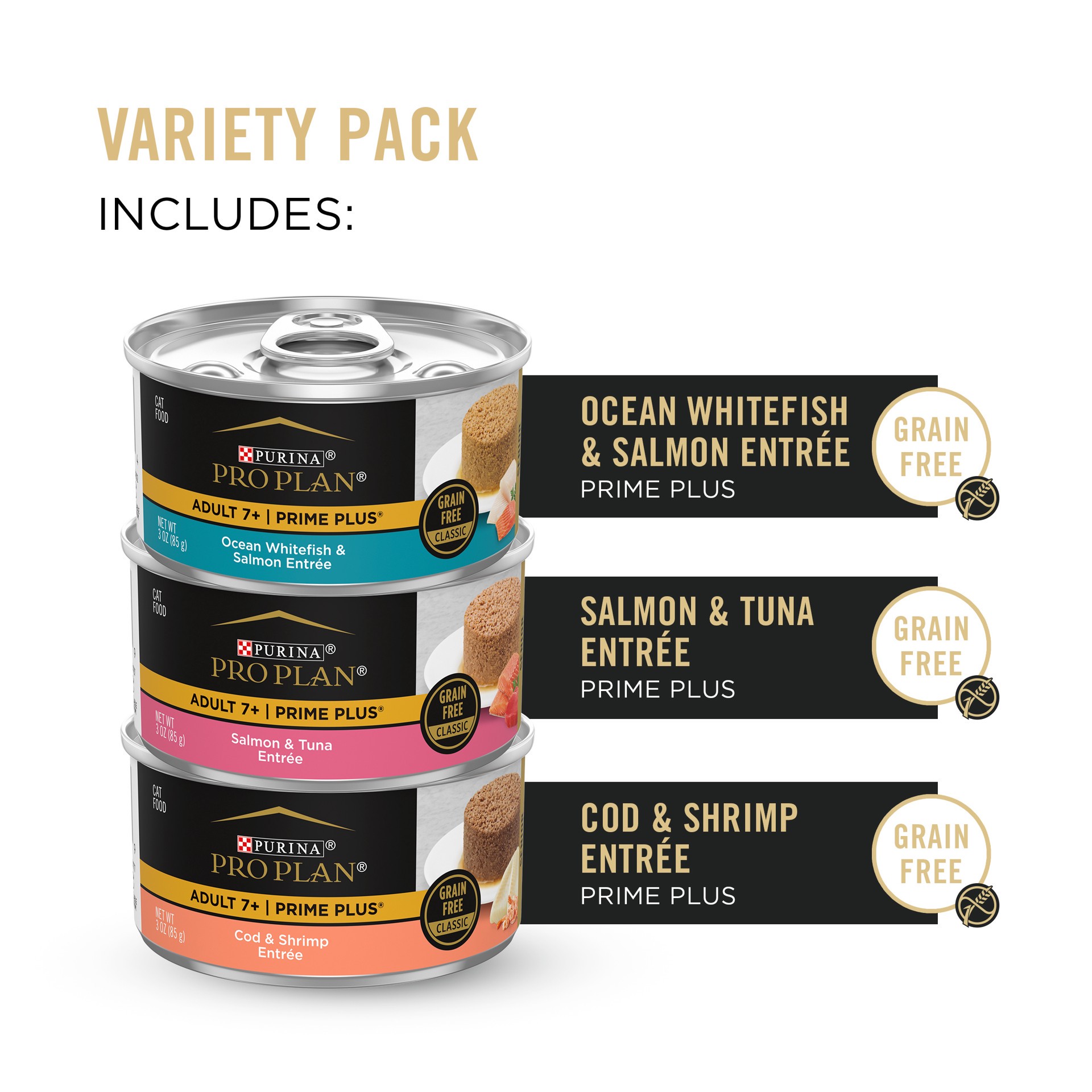 slide 3 of 9, Purina Pro Plan Grain Free Senior Wet Cat Food Variety Pack Pate, SENIOR Seafood Favorites, 2.25 lb