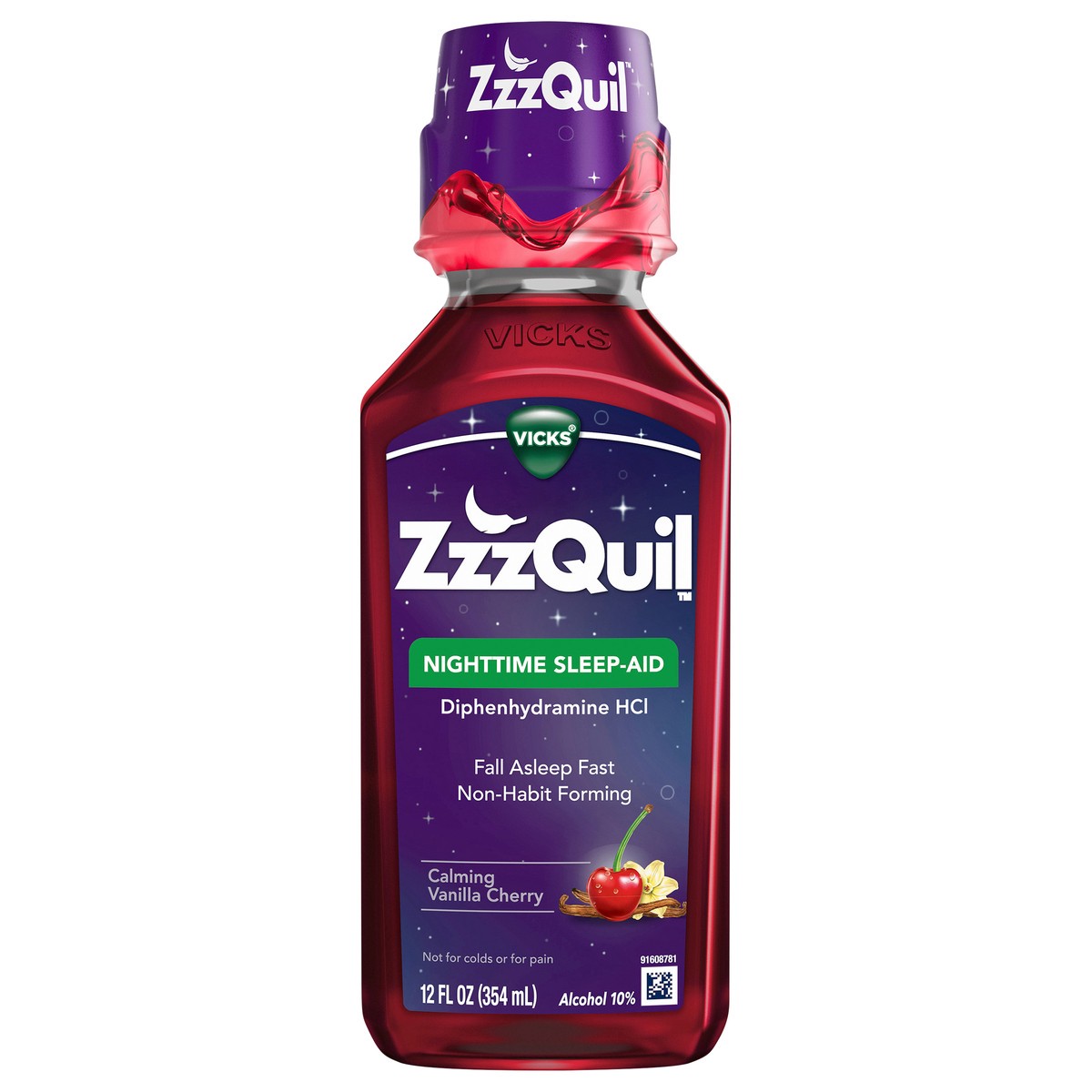slide 1 of 3, Vicks ZzzQuil, Nighttime Sleep Aid Liquid, 50 mg Diphenhydramine HCl, No.1 Sleep-Aid Brand, Calming Vanilla Cherry Flavored, Non-Habit Forming, 12 FL OZ, 12 fl oz