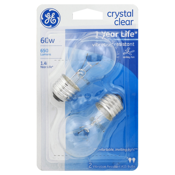 slide 1 of 1, GE Crystal Clear 60-Watt A15 Light Bulbs - 2 Pack, 2 ct