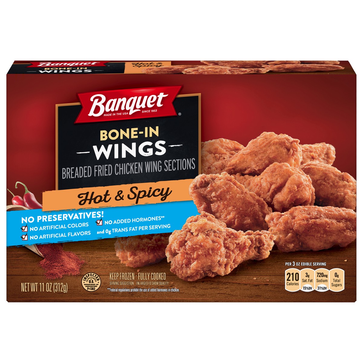 slide 1 of 5, Banquet Frozen Bone-In Chicken Wings Hot & Spicy, 11 oz., 11 oz