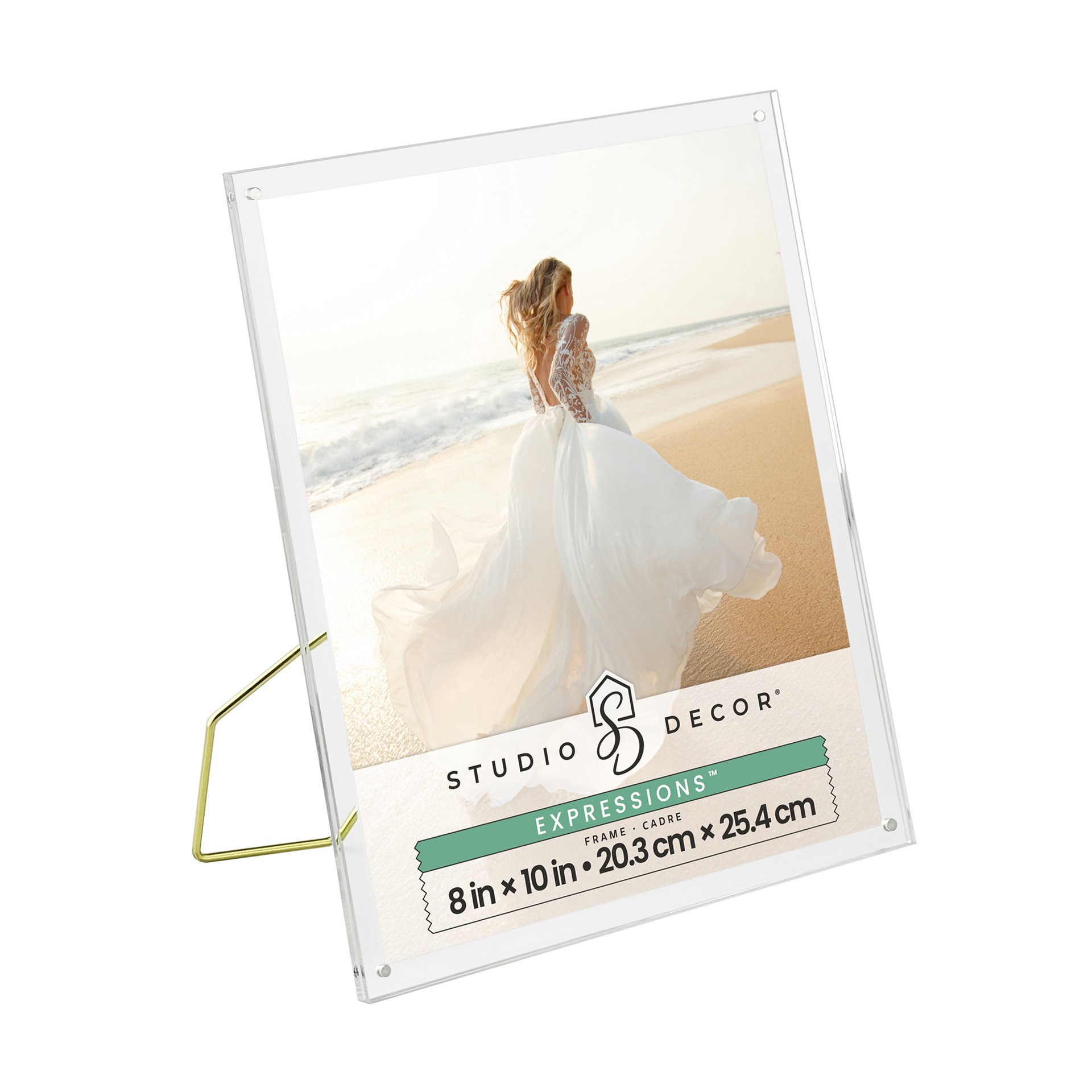 slide 5 of 5, Expressions Clear Acrylic Float Frame With Gold Metal Easel By Studio Decor, 8 in x 10 in