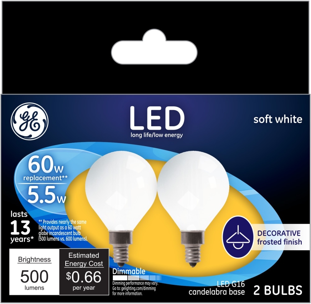 slide 1 of 1, GE Led 6-Watt (60-Watt) G16.5 Globe White Bulb, 2 ct