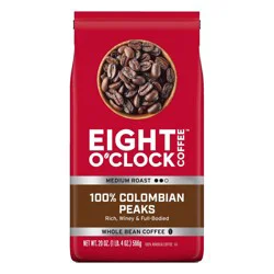 Eight O'Clock Coffee Medium Roast Whole Bean 100% Colombian Peaks Coffee 20 oz