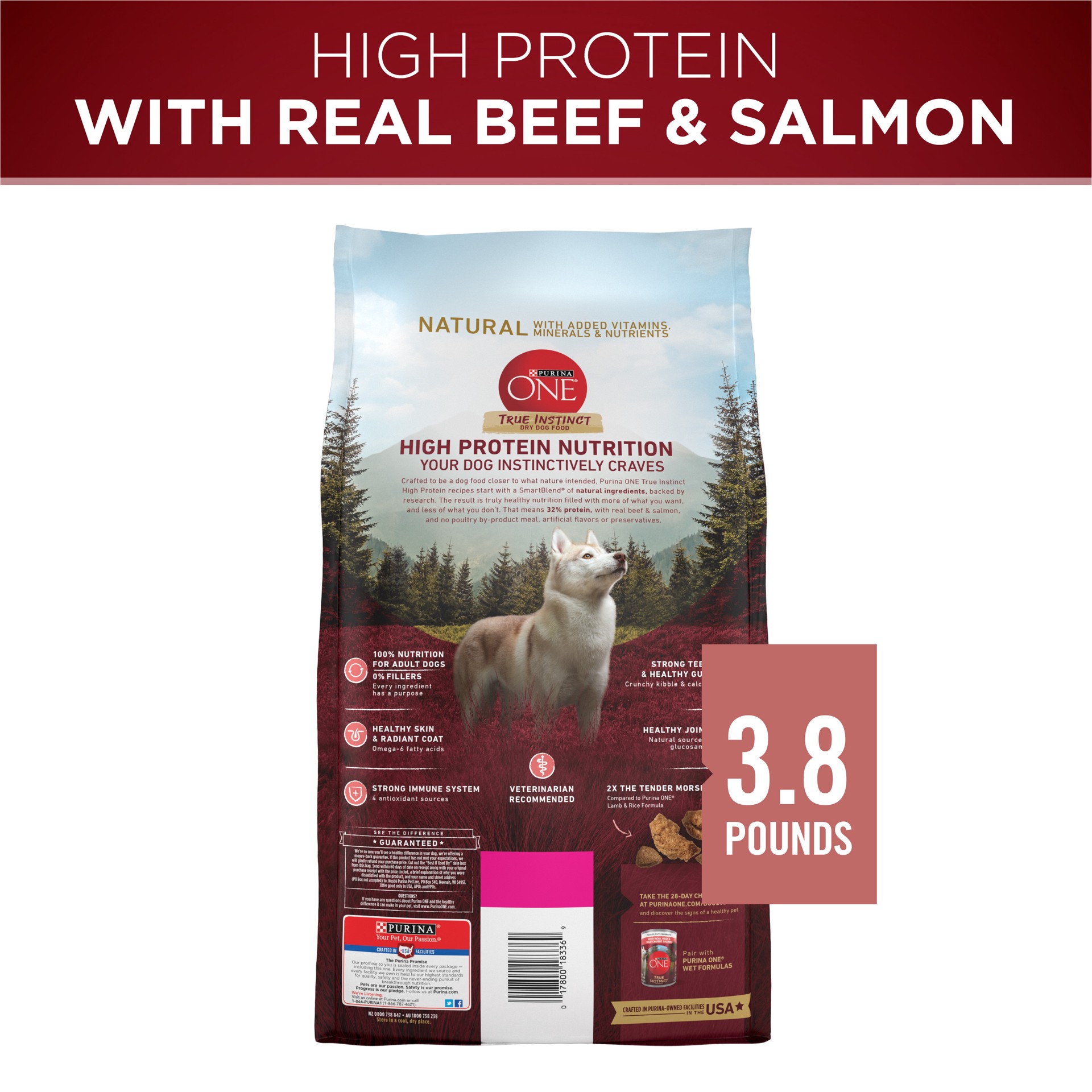 slide 7 of 9, ONE Purina ONE Natural High Protein Dry Dog Food Dry True Instinct with Real Beef and Salmon With Bone Broth and Added Vitamins, Minerals and Nutrients, 3.80 lb