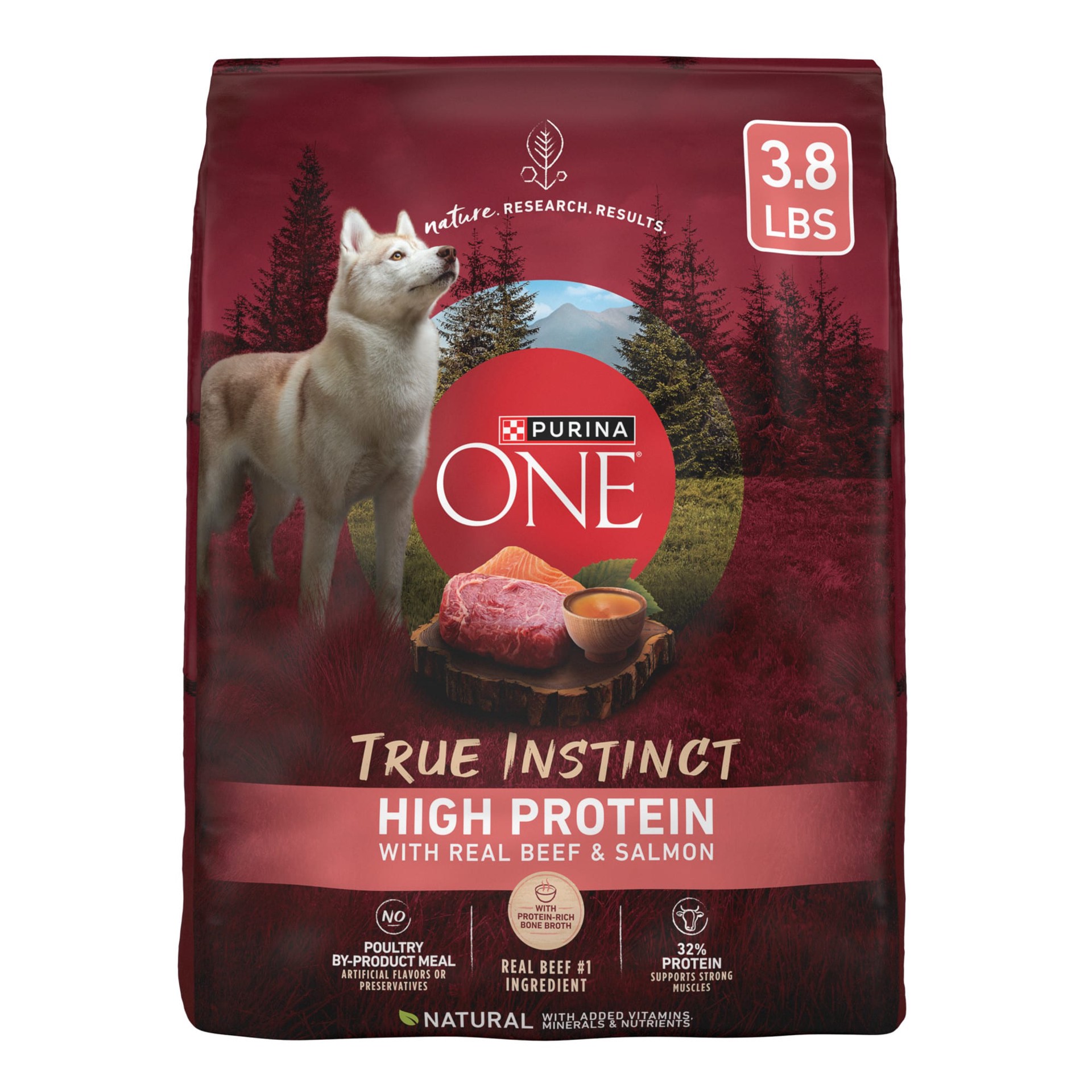 slide 1 of 9, ONE Purina ONE Natural High Protein Dry Dog Food Dry True Instinct with Real Beef and Salmon With Bone Broth and Added Vitamins, Minerals and Nutrients, 3.80 lb