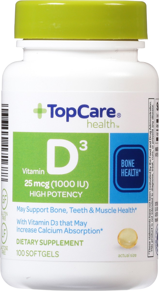 slide 1 of 9, TopCare Health High Potency 25 mcg (1000 IU) Vitamin D3 100 Softgels, 100 ct