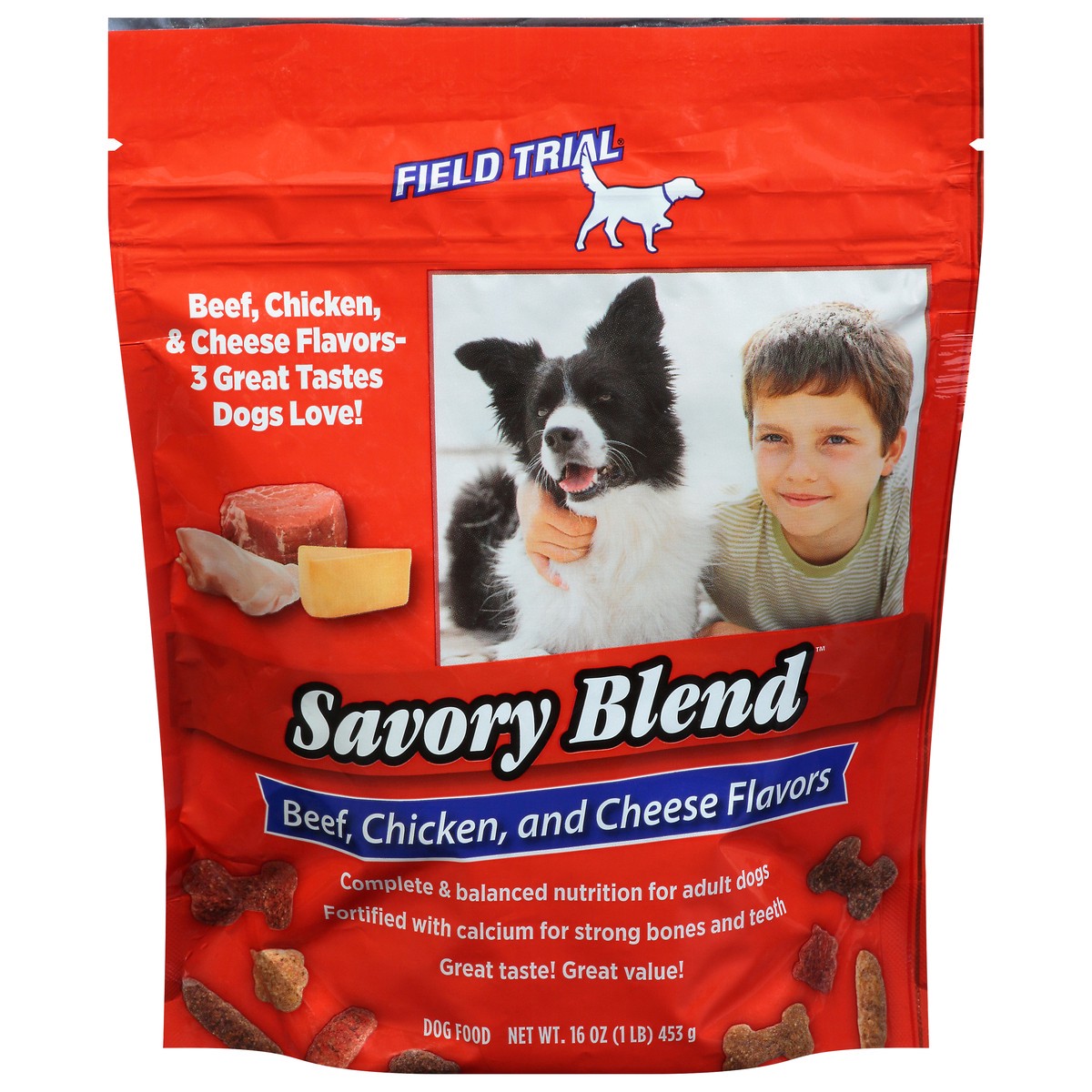 slide 1 of 10, Field Trial Dog Food, Beef, Chicken, and Cheese Flavors, Savory Blend, 16 oz