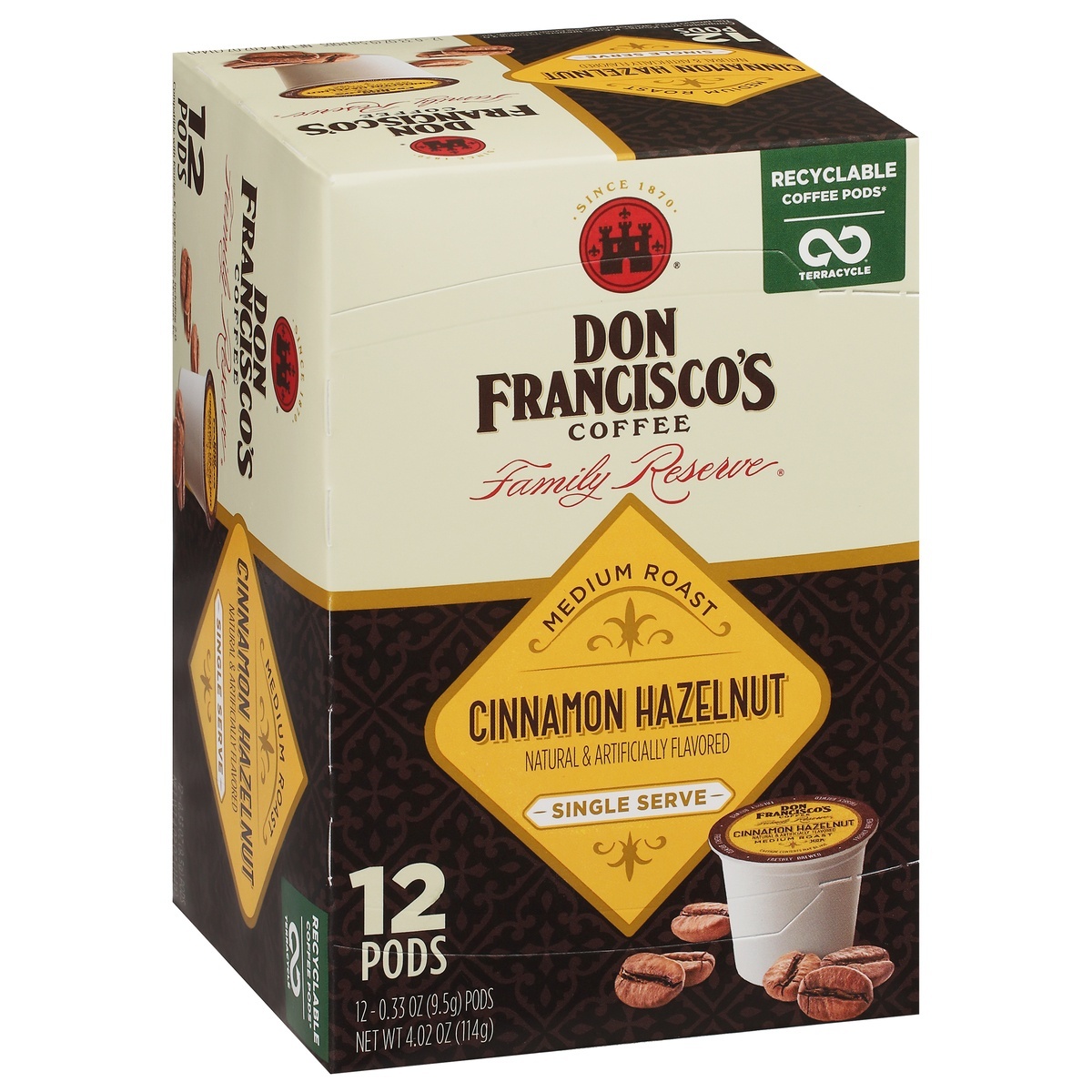 slide 1 of 1, Don Francisco's Family Reserve Medium Roast Cinnamon Hazelnut Coffee Single Serve 12 - 0.33 oz Pods, 