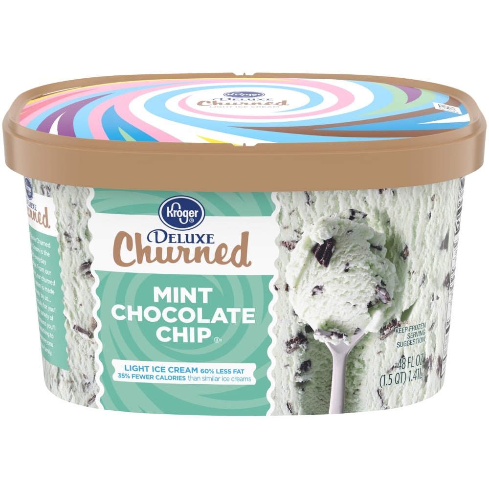 slide 1 of 1, Kroger Deluxe Churned Mint Chocolate Chip Light Ice Cream, 48 fl oz