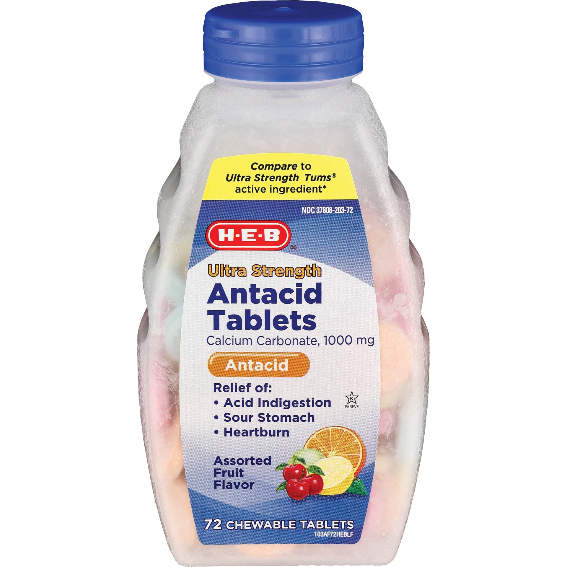 slide 1 of 1, H-E-B Ultra Strength Antacid Assorted Fruit Chewable Tablets 1000 Mg, 72 ct