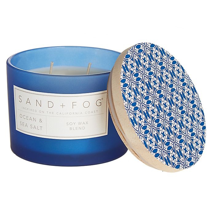 slide 1 of 1, Sand + Fog Ocean Sea & Salt Painted-Lid Jar Candle with Blue Tile Design, 12 oz