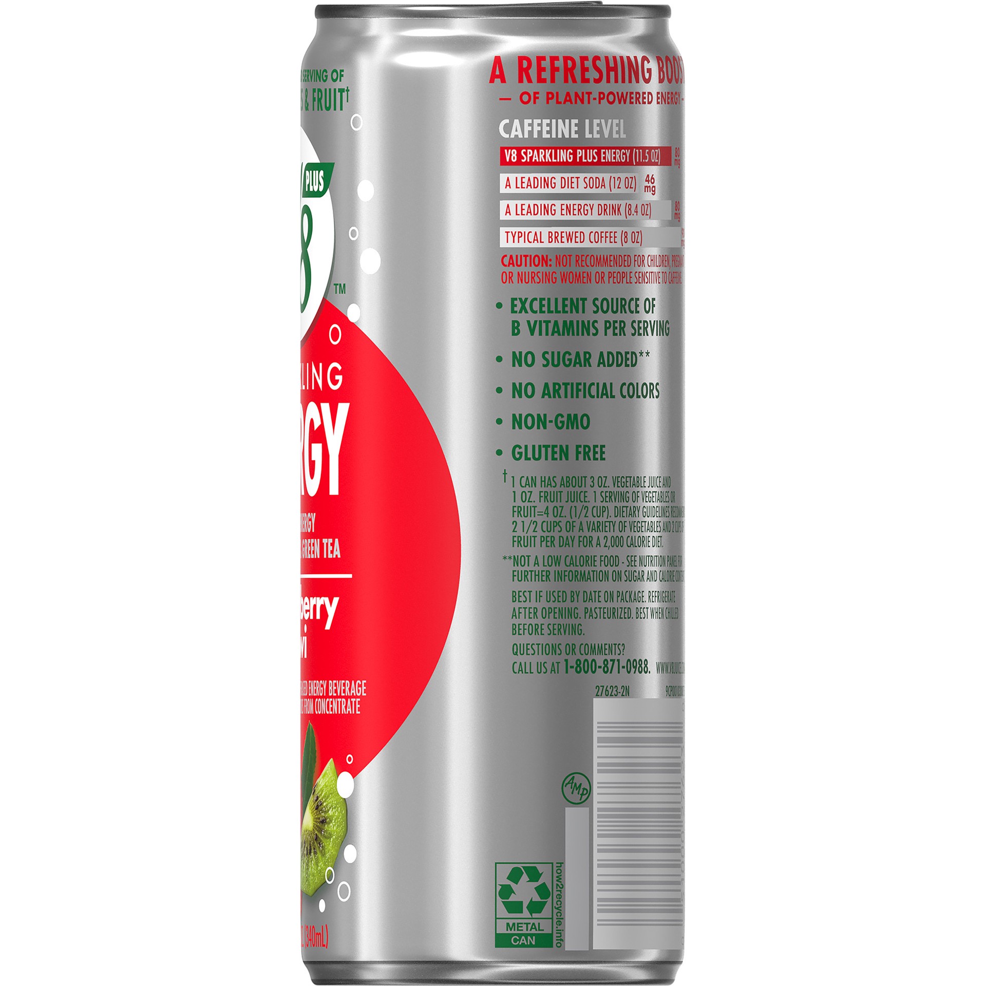 slide 5 of 5, V8 +Energy Sparkling Strawberry Kiwi Juice Energy Drink, 11.5 fl oz Can, 11.5 oz