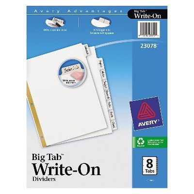 slide 1 of 1, Avery Big Tab Write-On Dividers with Erasable Laminated Tabs, White, 8 ct