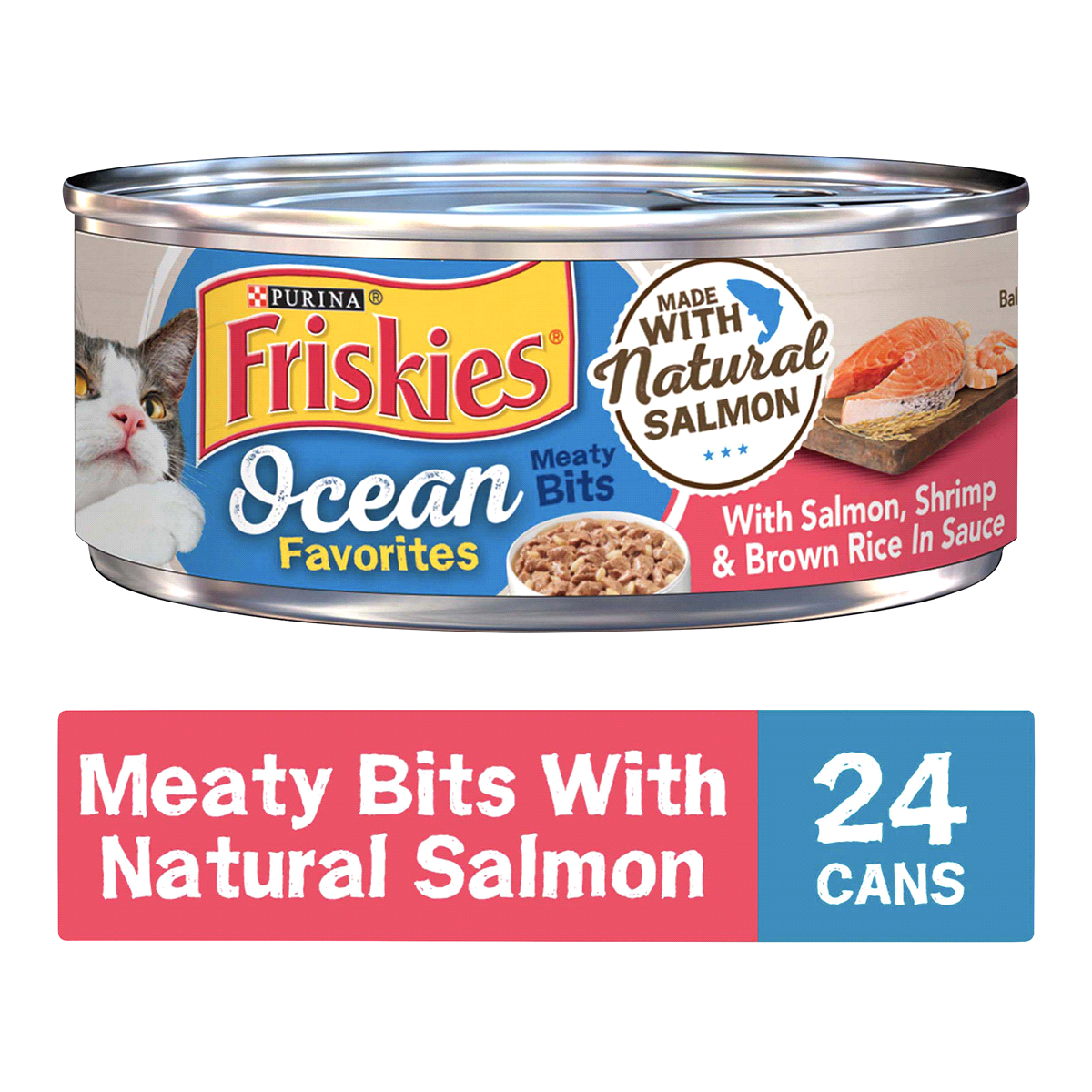 slide 1 of 1, Friskies Wet Cat Food Ocean Favorites Meaty Bits With Salmon, Shrimp & Brown Rice, 5.4 oz