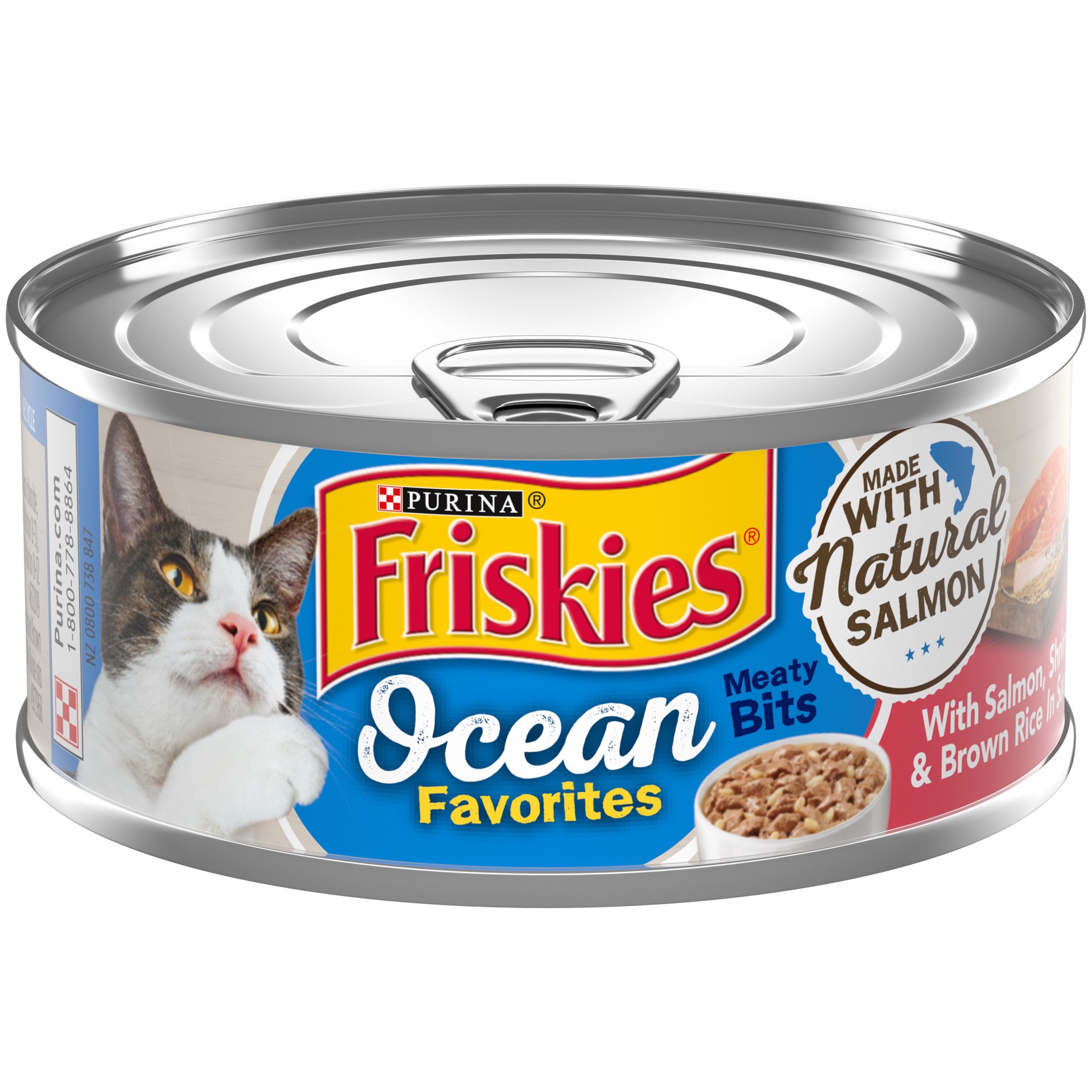 slide 1 of 8, Friskies Purina Friskies Natural Wet Cat Food, Ocean Favorites Meaty Bits With Salmon, Shrimp & Brown Rice, 5.5 oz