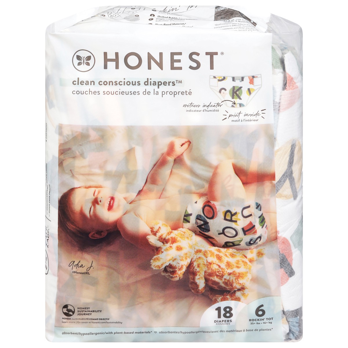 slide 1 of 12, Honest Rockin' Tot All the Letters Diapers 6 (35+ lbs) 18 ea, 18 ct