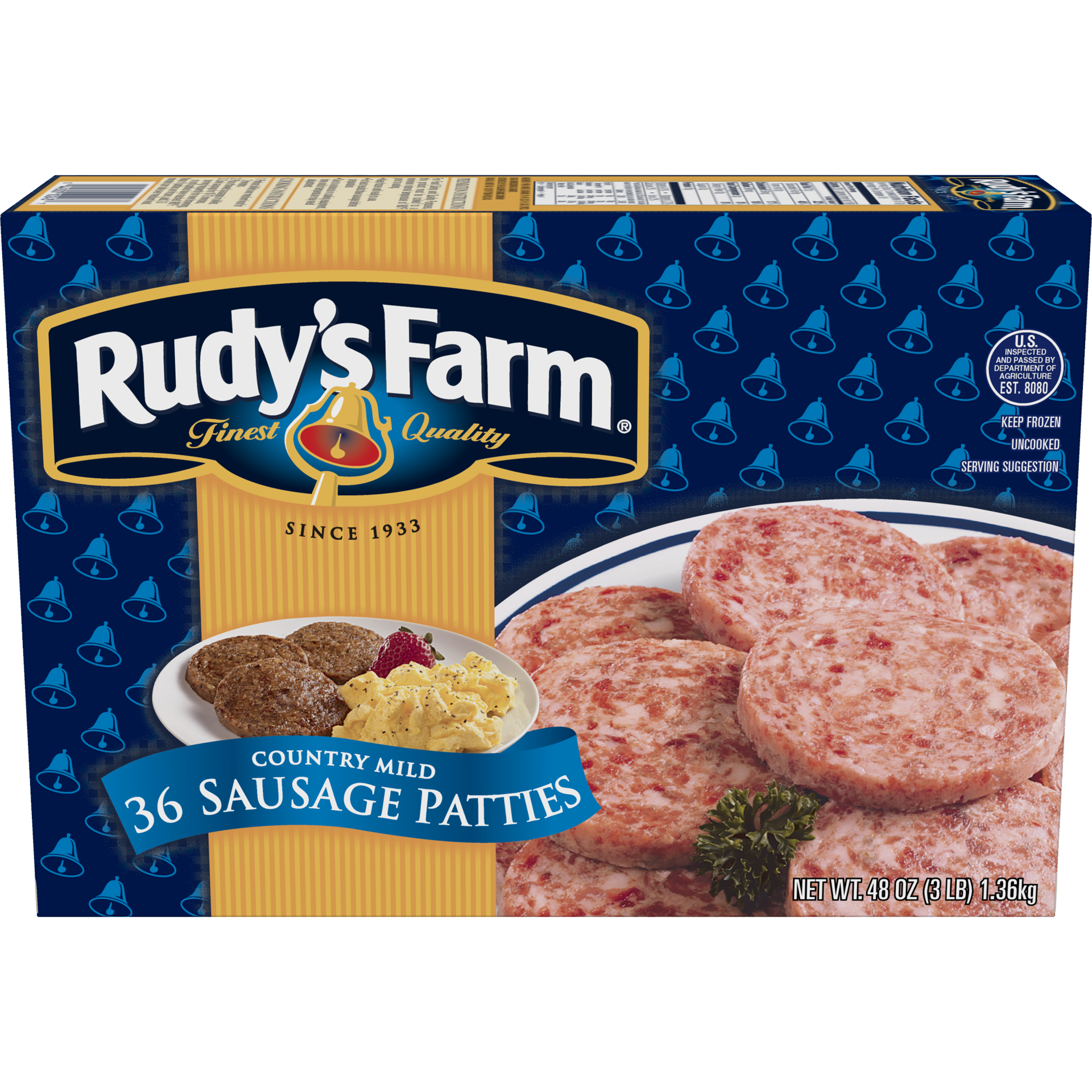 slide 1 of 8, RUDYS FARM Rudy's Farm Uncooked Country Mild Sausage Patties, 36 Count (Frozen), 1.36 kg