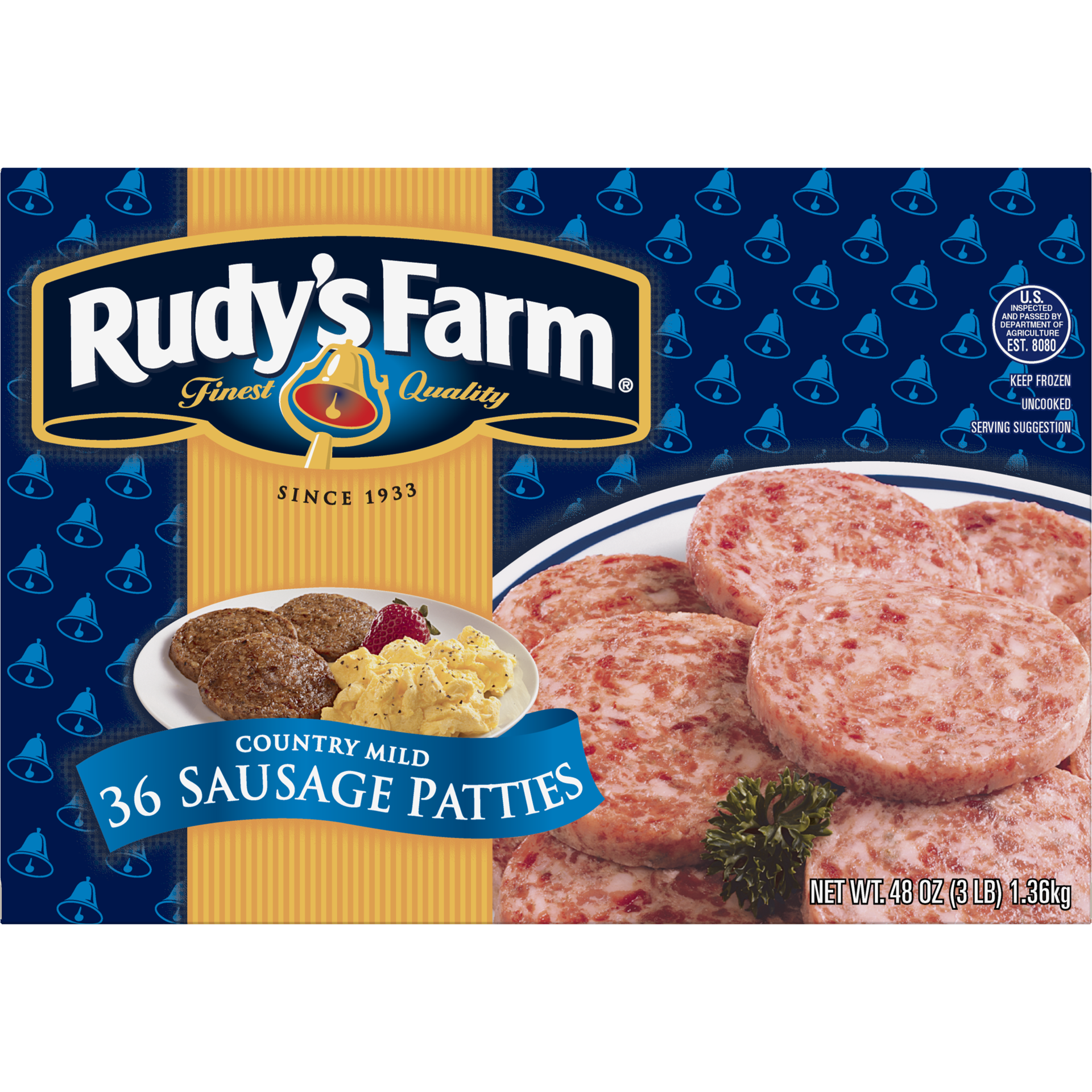 slide 1 of 8, RUDYS FARM Rudy's Farm Uncooked Country Mild Sausage Patties, 36 Count (Frozen), 1.36 kg