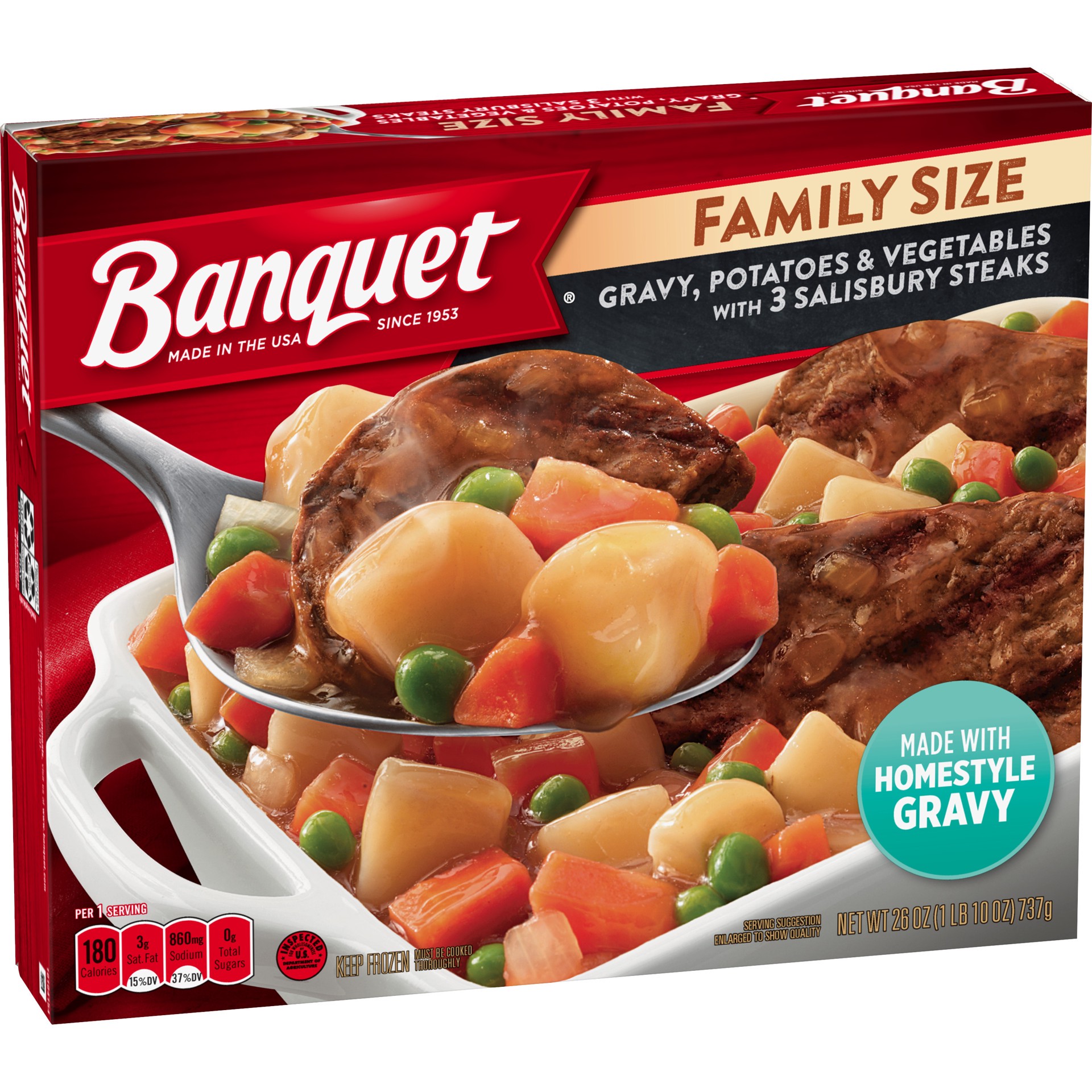 slide 3 of 5, Banquet Family Size Salisbury Steak with Gravy, Potatoes and Vegetables, Frozen Meal, 26 oz., 26 oz