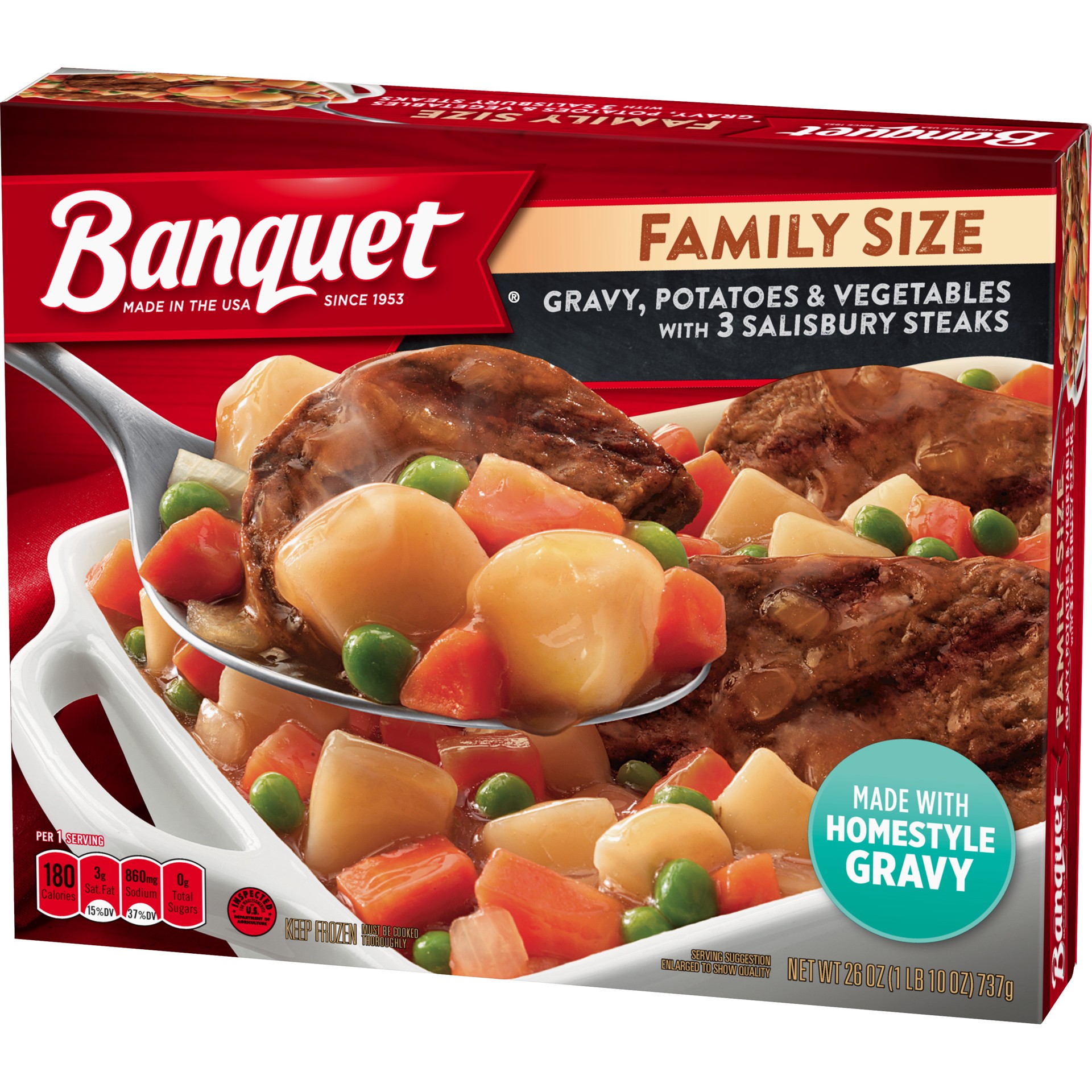 slide 2 of 5, Banquet Family Size Salisbury Steak with Gravy, Potatoes and Vegetables, Frozen Meal, 26 oz., 26 oz