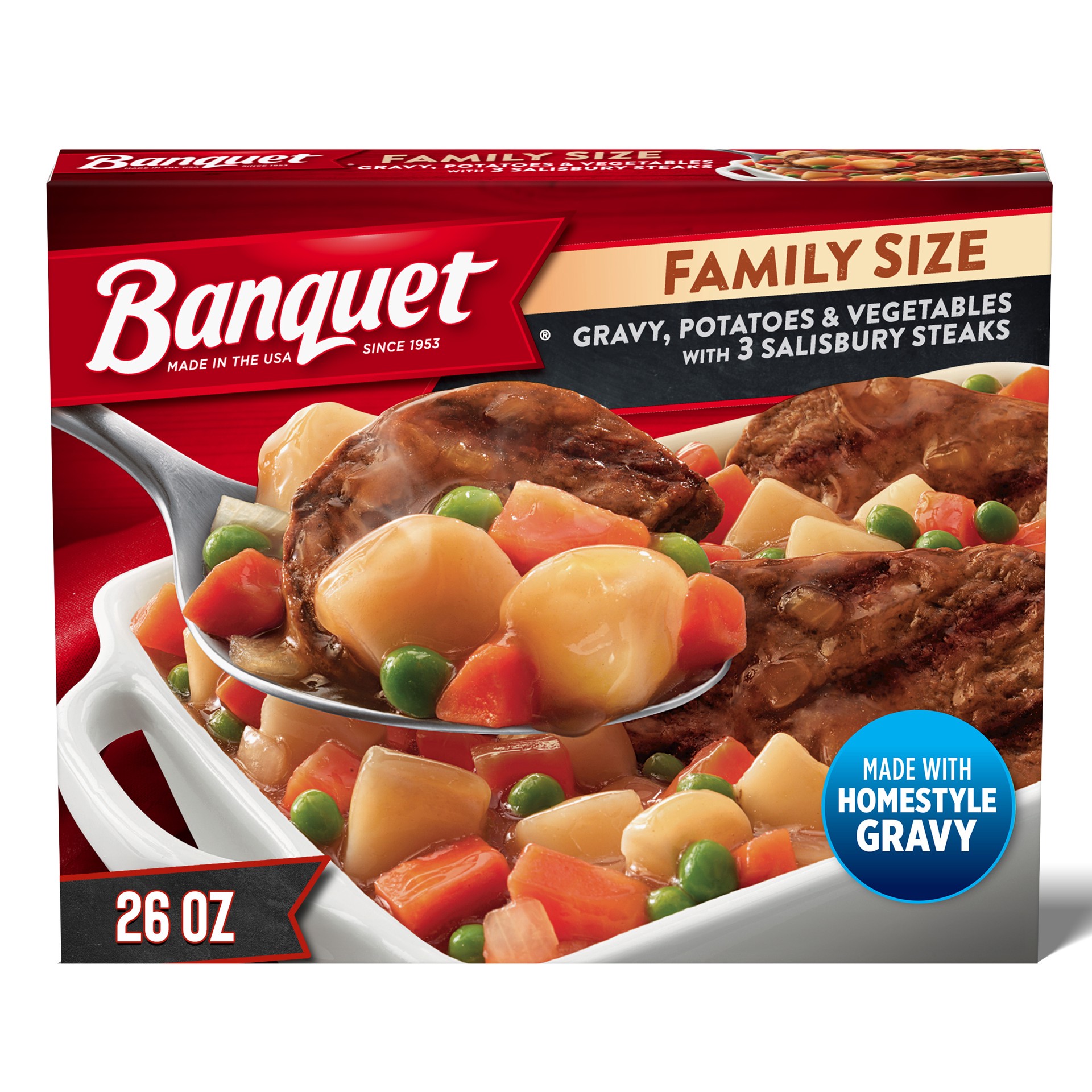 slide 1 of 5, Banquet Family Size Salisbury Steak with Gravy, Potatoes and Vegetables, Frozen Meal, 26 oz., 26 oz