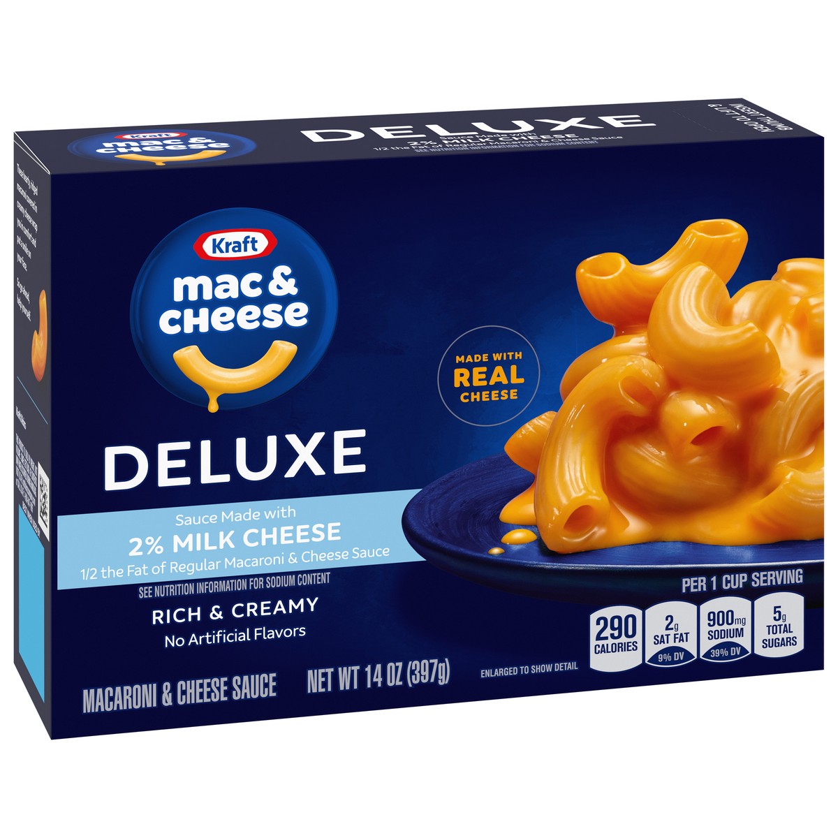 slide 2 of 9, Kraft Deluxe Mac & Cheese Macaroni and Cheese Dinner with Sauce made from 2% Milk Cheese, 14 oz Box, 14 oz