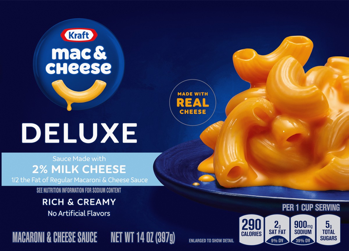 slide 6 of 9, Kraft Deluxe Mac & Cheese Macaroni and Cheese Dinner with Sauce made from 2% Milk Cheese, 14 oz Box, 14 oz