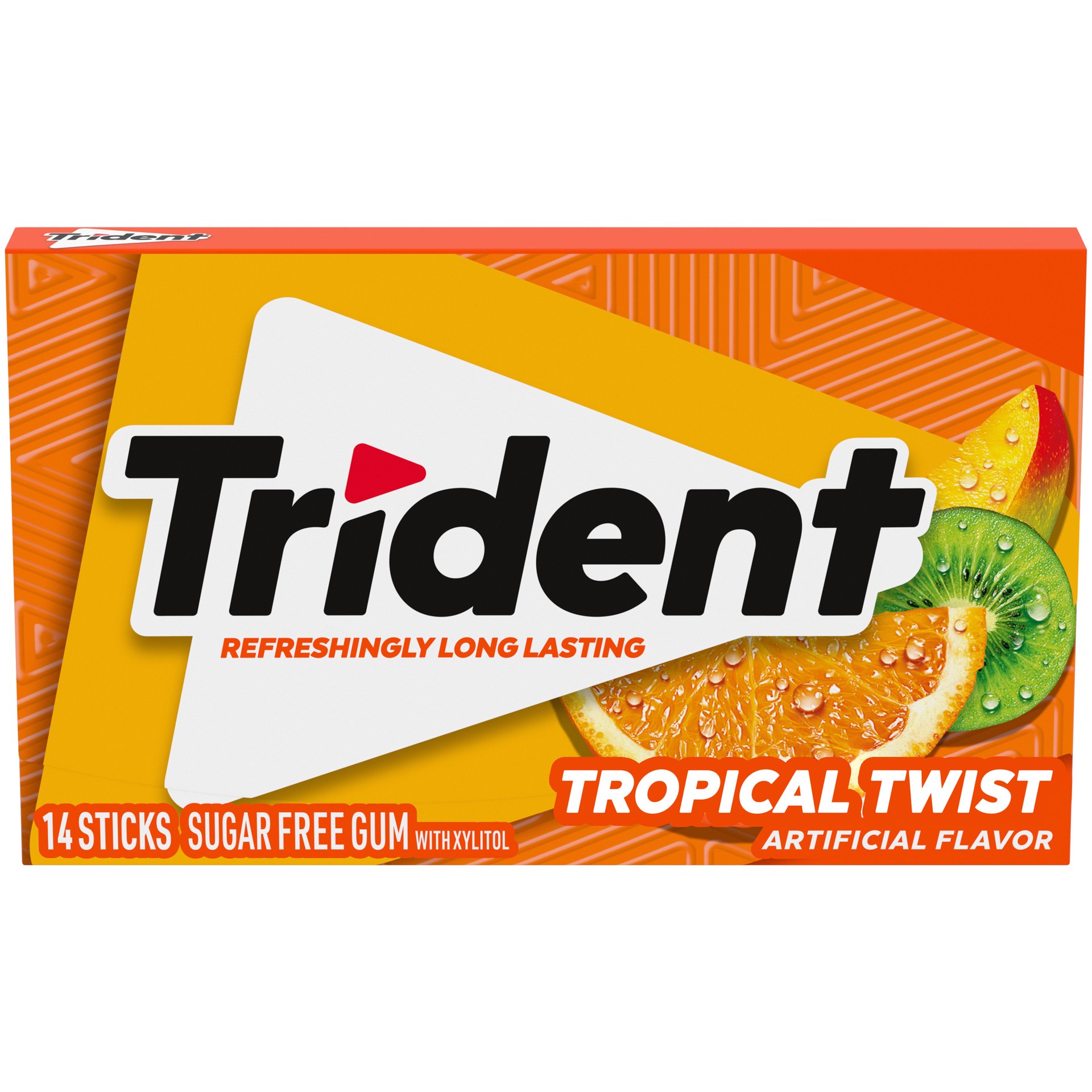 slide 1 of 9, Trident Tropical Twist Sugar Free Gum, 14 Pieces, 0.94 oz