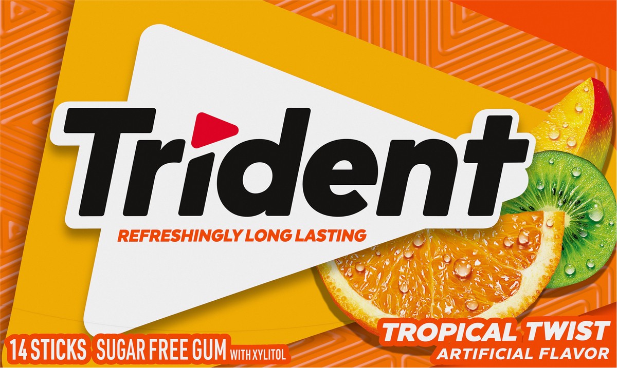slide 6 of 9, Trident Tropical Twist Sugar Free Gum, 14 Pieces, 0.94 oz